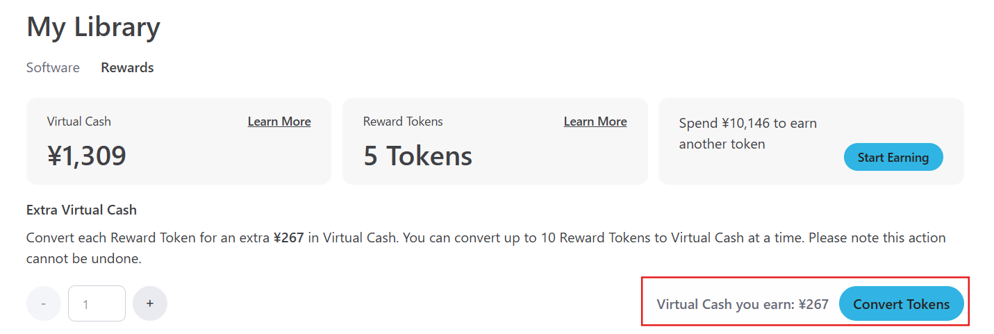 My LibraryのRewardsタブでExtra Virtual CashセクションのConvert Tokensボタン