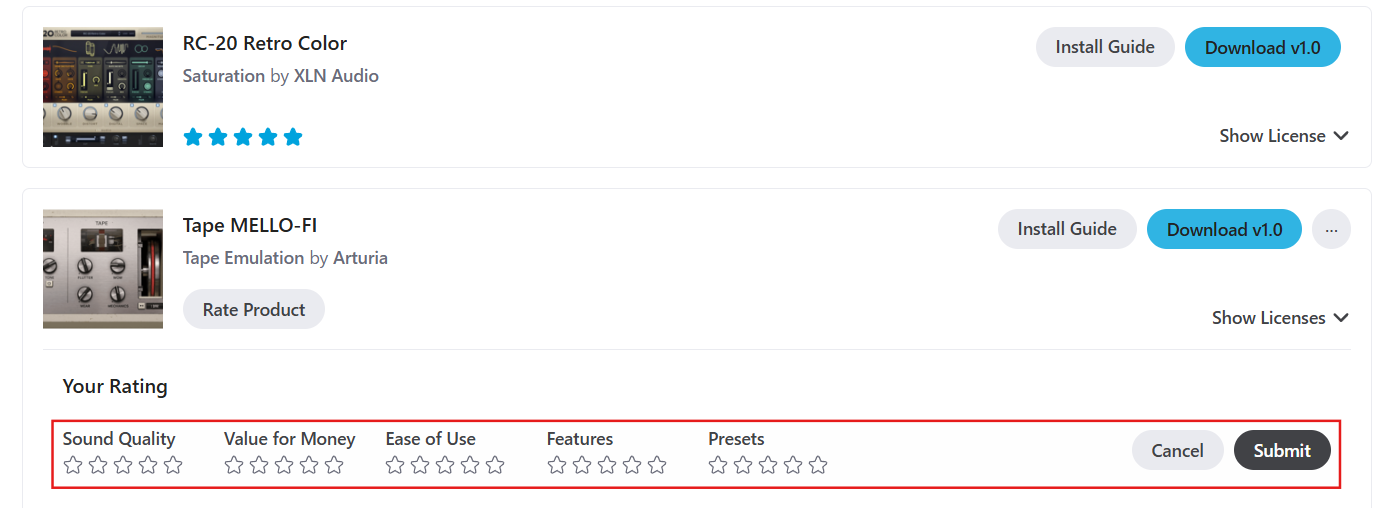 My LibraryのSoftwareタブでRate Productをクリックすると星評価フォームが展開される